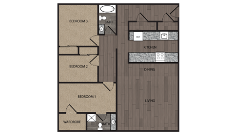Floor plan for 3 beds, 2 baths, 1302 sqft